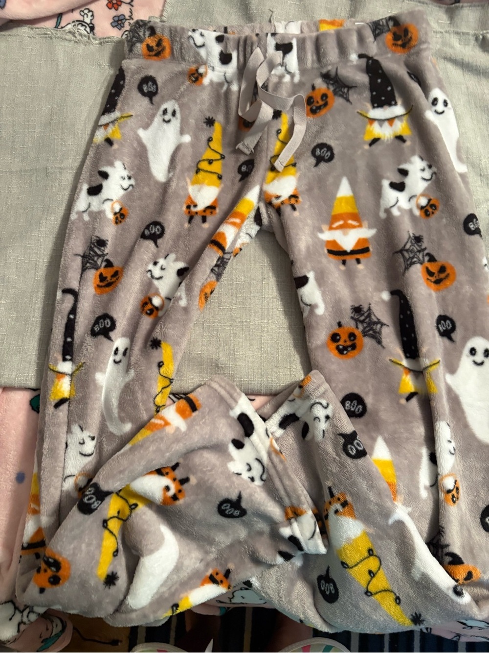 Cozy Gray Halloween Fleece Pajama Pants with Orange & White Motifs